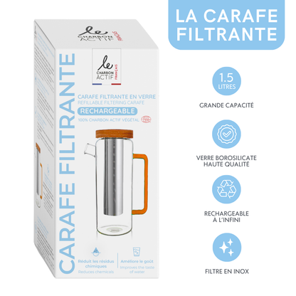 Carafe filtrante en verre 1,5 L – Durable, rechargeable et zéro déchet
