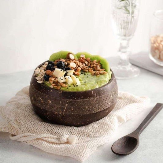 Bol en Noix de Coco Gravé & Cuillère en Bois | Set Écologique